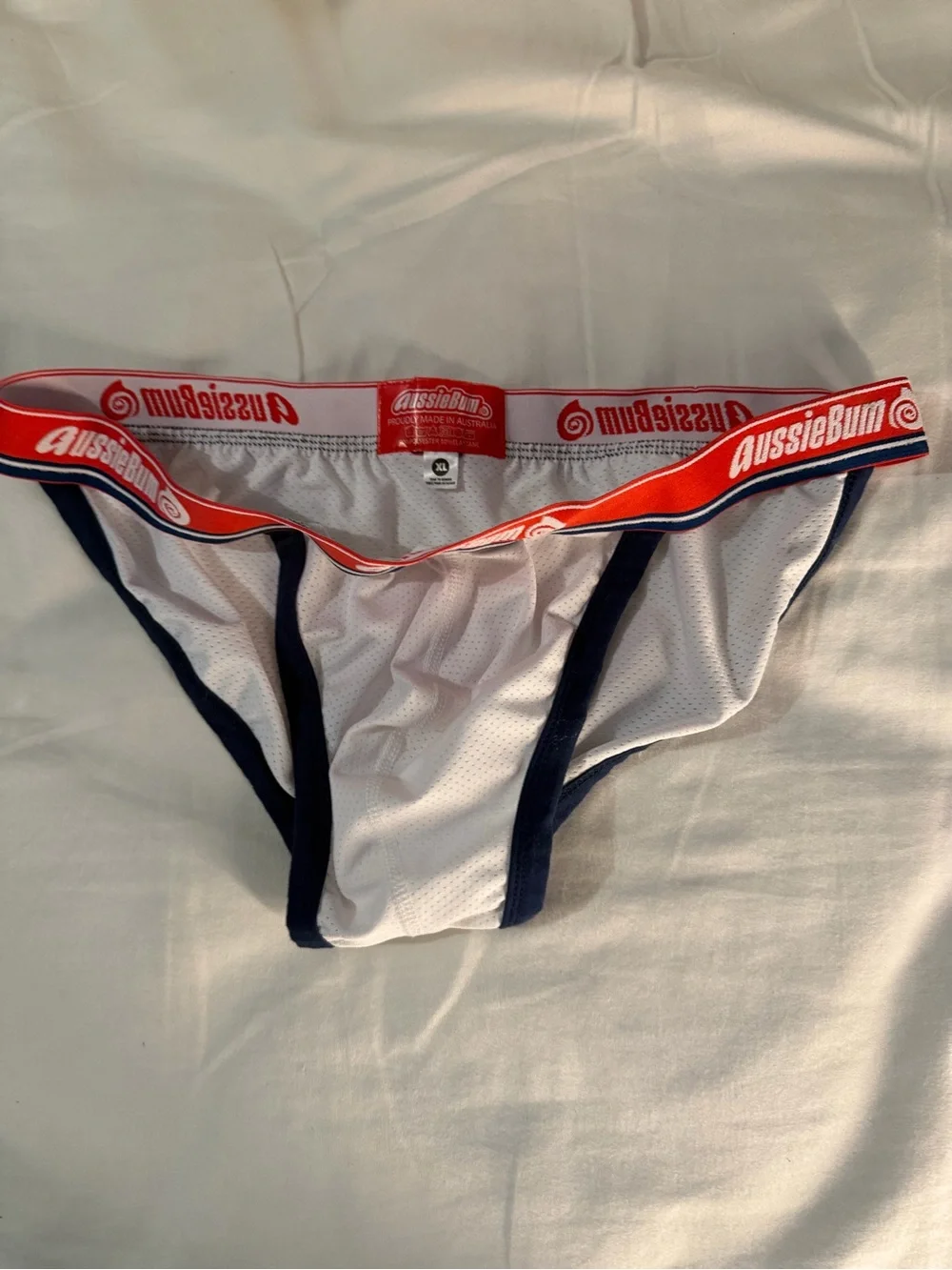 AussieBum Men's White Mesh Brief with Red Waistband